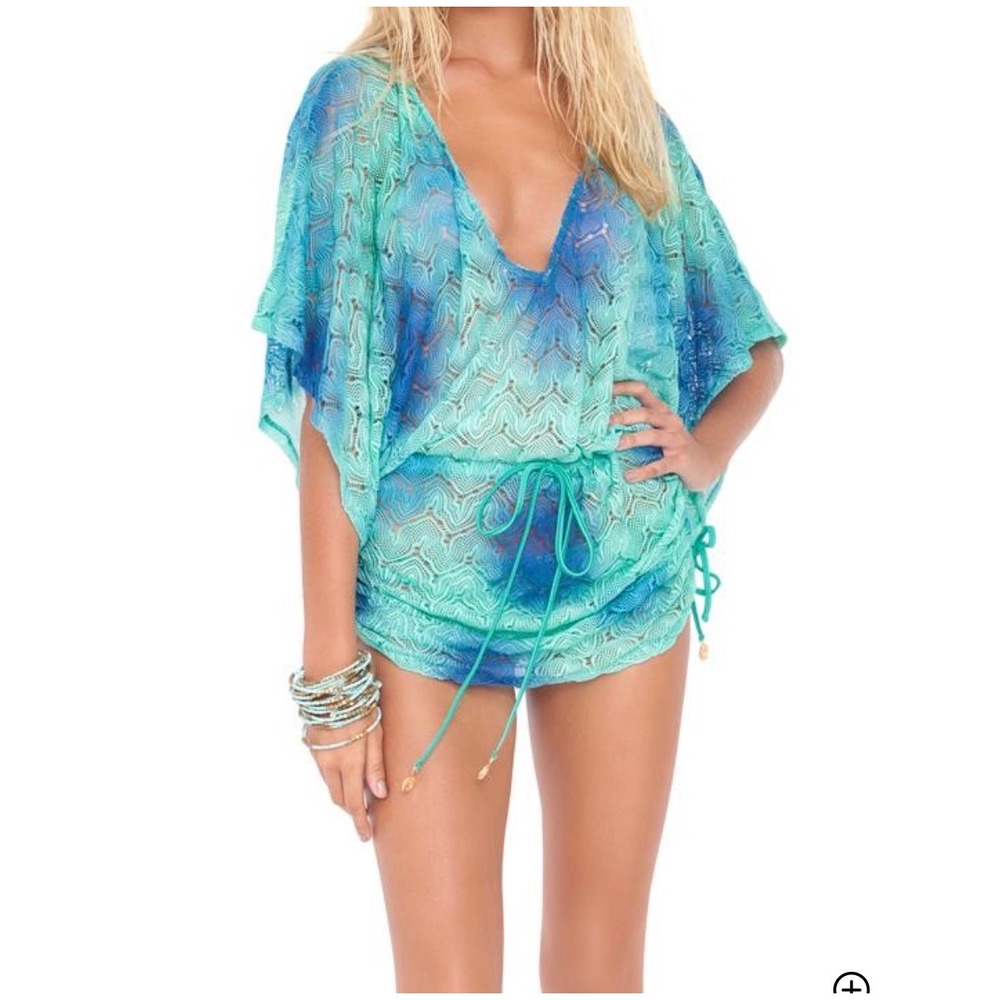 Luli Fama Crochet Lace Butterfly boho dai Beach Cover Up Blue Aqua Tie Dye Dress